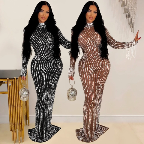 Women Elegant Rhinestone Mesh Evening Dress High Neck Long Sleeve Bodycon Party Gown With Tassels Banquet Wedding Dress