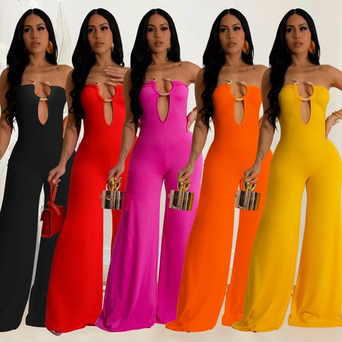 Women Sexy Strapless Cutout Jumpsuit With Metallic Snake Ring Decoration Elegant Solid Color Wide Leg Party Clubwear Romper