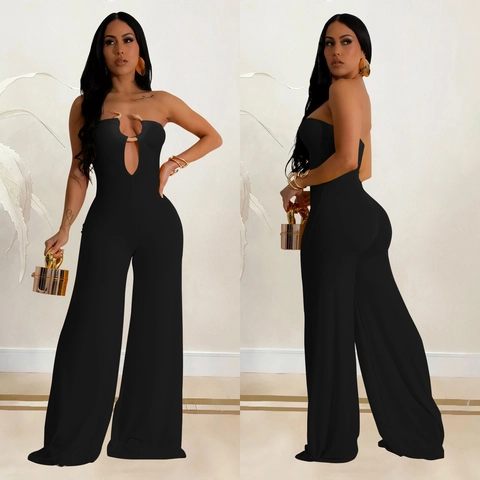 Women Sexy Strapless Cutout Jumpsuit With Metallic Snake Ring Decoration Elegant Solid Color Wide Leg Party Clubwear Romper