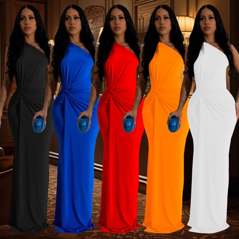 Elegante Vestido de Noche de un Hombro para Mujer Ajustado Largo Maxi Vestido Color Sólido Fruncido Nudo Boda Formal Fiesta