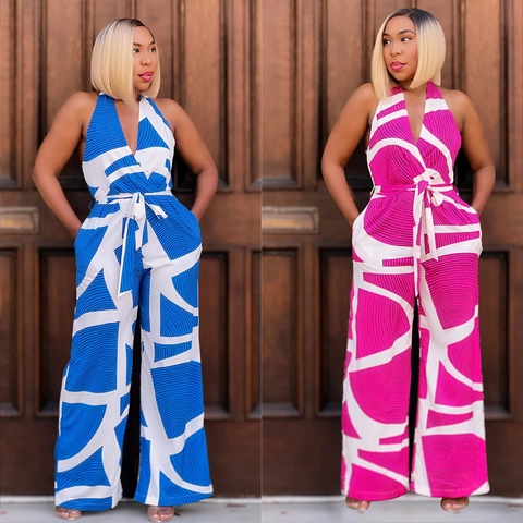 Mono de Mujer Elegante Halter Cuello en V Estampado Geométrico Sin Mangas Espalda Descubierta Pata Ancha Con Cinturón Para Vacaciones