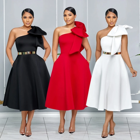 Damen Elegant One Shoulder Abend Midi Kleid Große Schleife Metall Gürtel A-Linie Einfarbig Party Hochzeit Abschlussball Kleid
