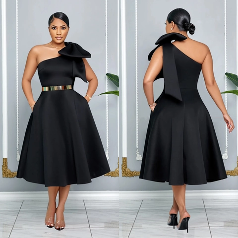 Damen Elegant One Shoulder Abend Midi Kleid Große Schleife Metall Gürtel A-Linie Einfarbig Party Hochzeit Abschlussball Kleid