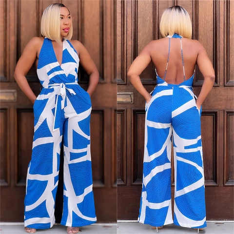 Mono de Mujer Elegante Halter Cuello en V Estampado Geométrico Sin Mangas Espalda Descubierta Pata Ancha Con Cinturón Para Vacaciones