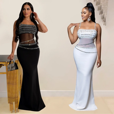 Elegante Abito da Sera a Sirena da Donna con Strass e Patchwork in Rete Vestibilità Aderente Senza Maniche con Spalline Sottili per Matrimonio