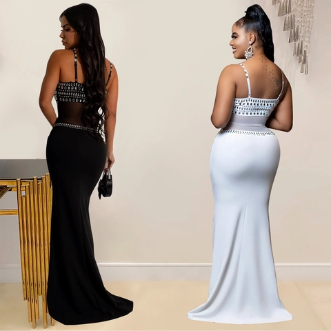 Elegante Abito da Sera a Sirena da Donna con Strass e Patchwork in Rete Vestibilità Aderente Senza Maniche con Spalline Sottili per Matrimonio