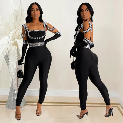 Women Sexy Rhinestone Jumpsuit Set With Gloves Backless Bodycon Slim Fit Romper For Party Clubwear Stage Performance Black