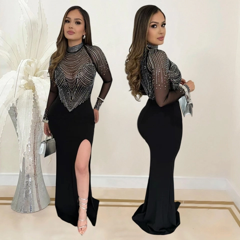 Elegant Black Mesh Rhinestone Long Sleeve Bodycon Maxi Dress For Women Sexy High Slit Evening Party Club Nightwear