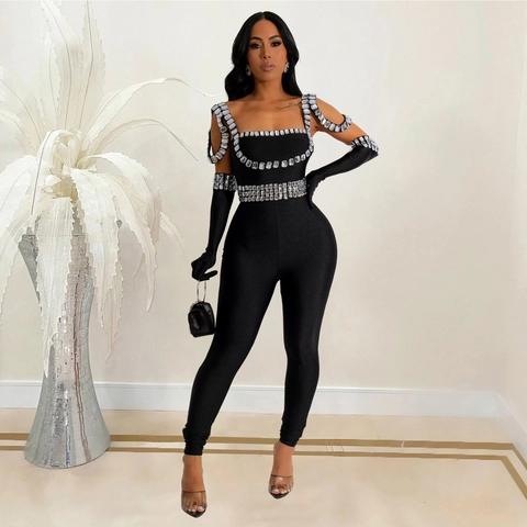 Women Sexy Rhinestone Jumpsuit Set With Gloves Backless Bodycon Slim Fit Romper For Party Clubwear Stage Performance Black