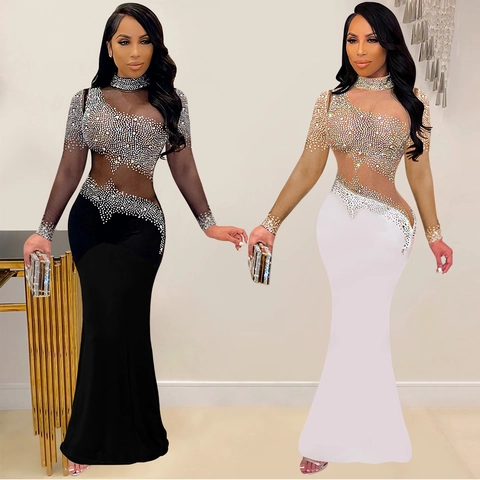 Damen Elegant Strass Abendkleid Netz Patchwork Langarm Slim Meerjungfrau Maxi Gown Für Formelle Party Bankett