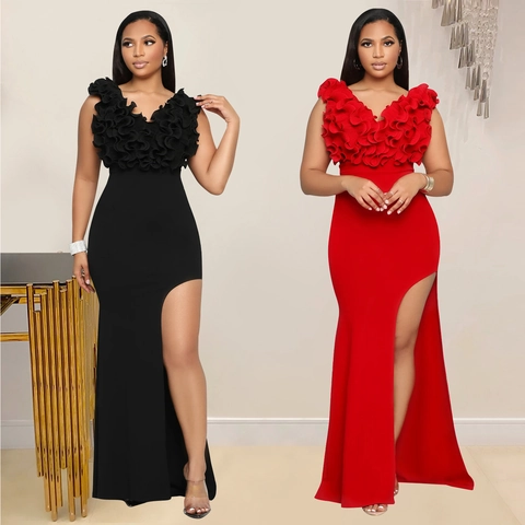 Vestido Maxi de Mujer Elegante Cuello en V Sin Mangas Con Volantes Abertura Alta Ajuste Delgado Bodycon Fishtail Vestido Formal
