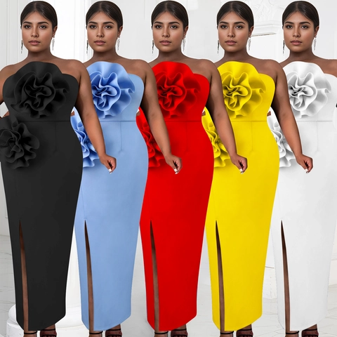 Damen Elegant Trägerlos Körperbetont Maxi Kleid 3D-Blume Hoher Schlitz Scuba-Stoff Einfarbig Abendgesellschaft Bankett Kleid