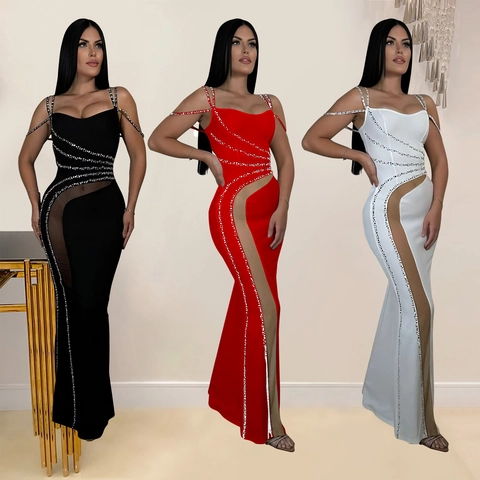 Elegant Women Bodycon Maxi Dress Rhinestone Mesh Splicing Spaghetti Strap Banquet Party Evening Gown Polyester Long Dress