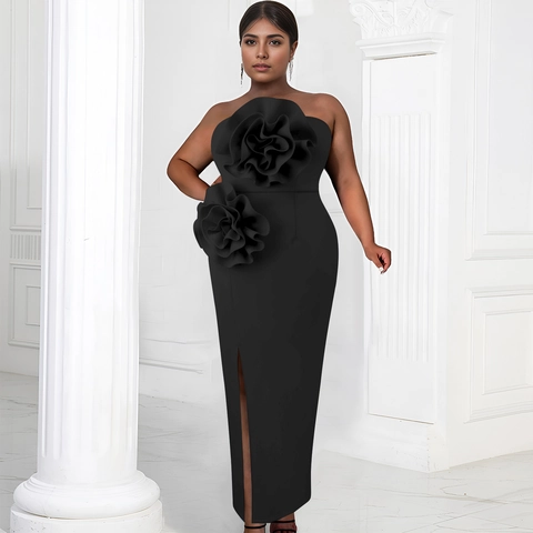 Damen Elegant Trägerlos Körperbetont Maxi Kleid 3D-Blume Hoher Schlitz Scuba-Stoff Einfarbig Abendgesellschaft Bankett Kleid