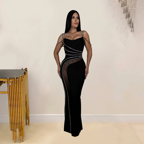 Elegant Women Bodycon Maxi Dress Rhinestone Mesh Splicing Spaghetti Strap Banquet Party Evening Gown Polyester Long Dress