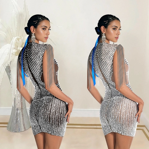 Elegante Vestito Corto Aderente in Rete con Strass e Frange Sexy Senza Maniche Abito da Sera per Feste e Club per Donna