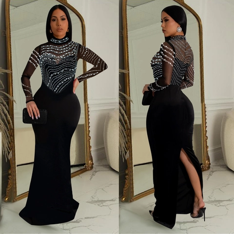 Dames Elegante Mesh Maxi Jurk Mock Neck Strass Kunstparel Avondjurk Slim Fit Split Achterkant Formele Feestjurk