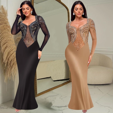 Women Elegant Rhinestone Mesh Splicing Long Sleeve Maxi Dress Slim Fit Evening Party Formal Bodycon Dress