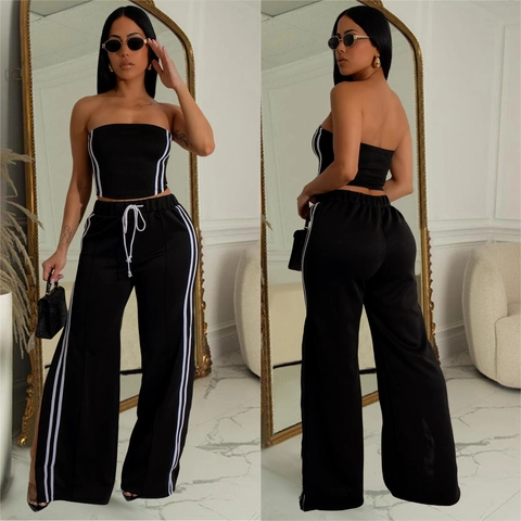 Damen Casual Schulterfreies Tube Top Und Hohe Taille Weite Hose Zweiteiler Set Seitenstreifen Trainingsanzug Sport Outfit