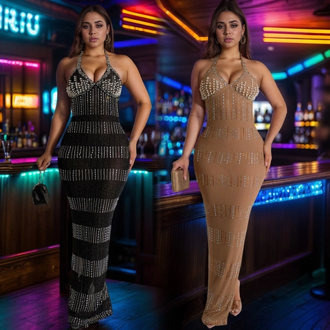 Damen Sexy Neckholder Tiefer V-Ausschnitt Strass Künstliche Perlen Bodycon Maxikleid Rückenfrei Hoher Schlitz Elegantes Abendparty Club Langes Kleid