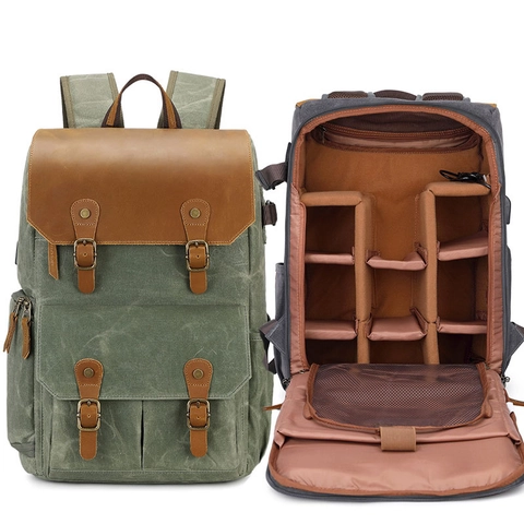 Mochila Para Cámara Réflex Vintage Lona Encerada Y Cuero Impermeable Gran Capacidad Bolsa Para Dron Puerto USB Correa Trípode