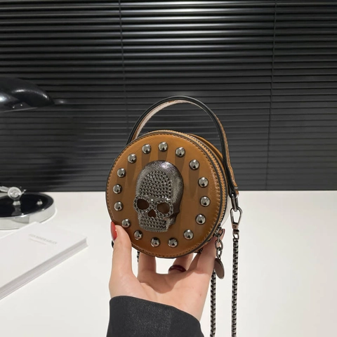 Γοτθικό Πανκ Κρανίο Σταυρός Στρογγυλή Μίνι Τσάντα Χιαστί PU Δέρμα Πριτσίνια Αλυσίδα Τσάντα Ώμου Halloween Πάρτι Niche