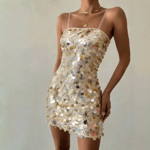Abito Mini Con Paillettes Oro Vestibilità Slim Spalline Sexy Schiena Scoperta Festa Sera Night Club Per Donna Moda Elegante
