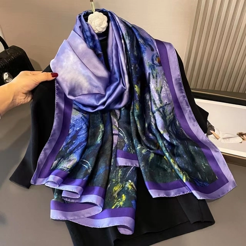 Women Orchid Print Satin Scarf Impressionist Oil Painting Style Sun Protection Long Shawl Wrap Elegant Retro Pashmina Scarf