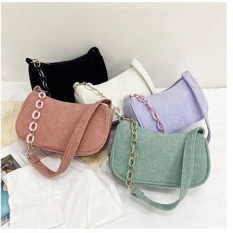 Fashion Corduroy Underarm Bag For Women Minimalist Acrylic Chain Shoulder Bag Retro Solid Color Casual Hobo Baguette Bag