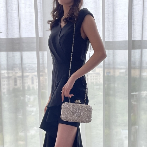 Pochette Da Sera Donna Raso Strass Künstliche Perle Cristallo Elegante Matrimonio Banchetto Festa Borsa Con Catena