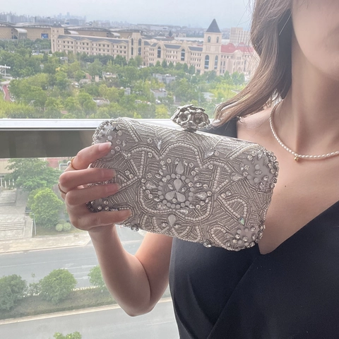 Pochette Da Sera Donna Raso Strass Künstliche Perle Cristallo Elegante Matrimonio Banchetto Festa Borsa Con Catena