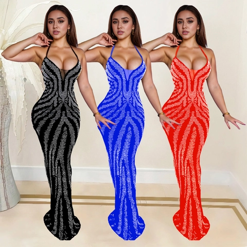 Vestito Lungo da Donna Sexy Allacciato al Collo con Scollo a V Profondo Senza Schiena Strass Motivo Zebra Sirena