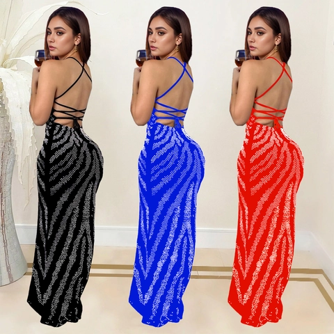 Vestito Lungo da Donna Sexy Allacciato al Collo con Scollo a V Profondo Senza Schiena Strass Motivo Zebra Sirena