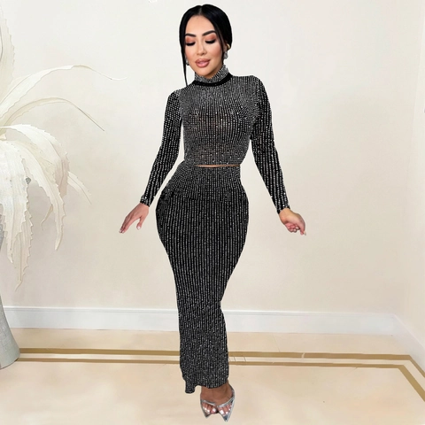 Ensemble Haut Et Jupe Noir Strass Femme Manche Longue Col Montant Maille Crop Top Et Jupe Maxi Moulante Pour Fête