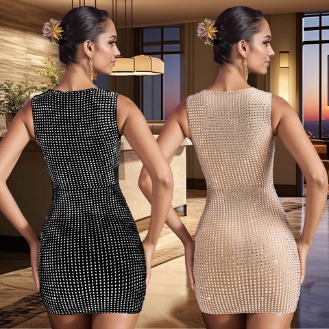 Women Sexy Rhinestone Bodycon Mini Dress Sleeveless Square Neck Sparkling Party Club Evening Slim Fit Dress
