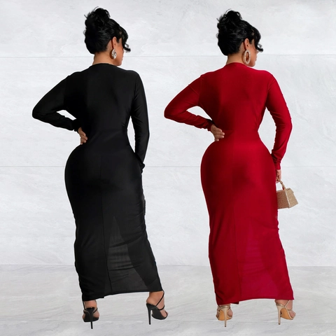 Elegante Vestido Largo Ajustado con Escote en V Profundo Fruncido Manga Larga Abertura Alta Sexy Vestido de Fiesta para Mujer