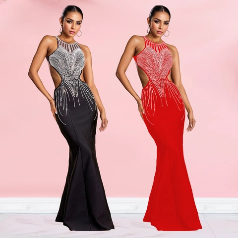 Damen Elegant Strass Neckholder Rückenfrei Meerjungfrau Maxi Kleid Sexy Hohl Geschnitten Abendgesellschaft Formelle Hochzeit Bodenlang Kleid