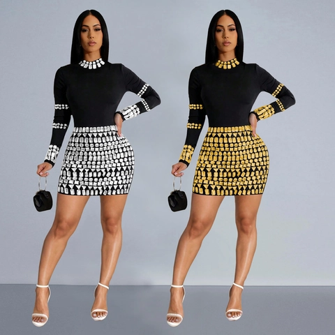 Women's Elegant Bodycon Mini Dress Rhinestone Long Sleeve Round Neck Slim Fit Party Banquet Evening Cocktail Dress