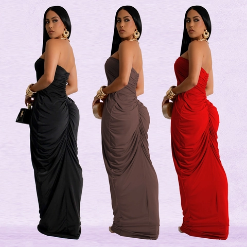 Damen Trägerlos Gerafft Maxi Kleid Metall V-Hardware Sexy Körperbetont Bodenlang Abendkleid Elegant Sommer Gown