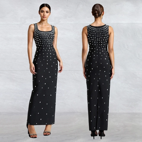 Vrouwen Elegante Bodycon Maxi Jurk Strass U-Hals Mouwloos Zwart Avondjurk Voor Banket Bruiloft Feest Damesjurk