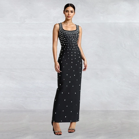 Vrouwen Elegante Bodycon Maxi Jurk Strass U-Hals Mouwloos Zwart Avondjurk Voor Banket Bruiloft Feest Damesjurk