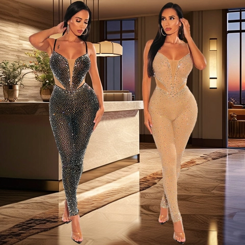 Damen Sexy Strass Spaghettiträger Jumpsuit Netz Spleiß V-Ausschnitt Eng Hohe Taille Bodycon Party Lange Hose