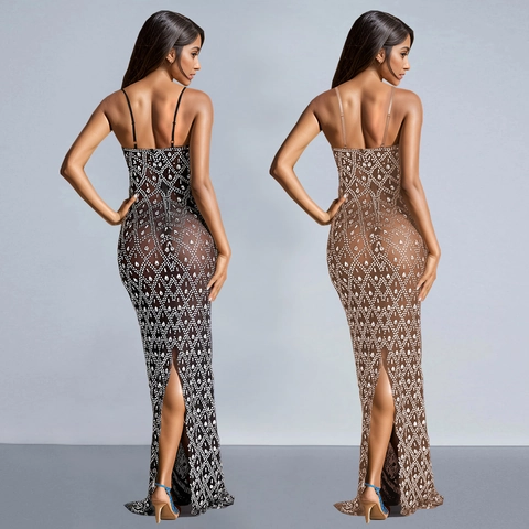 Damen Sexy Spaghettiträger Strass Bodycon Maxi Kleid Netz Durchsichtig Rautenmuster Abend Bankett Party Kleid