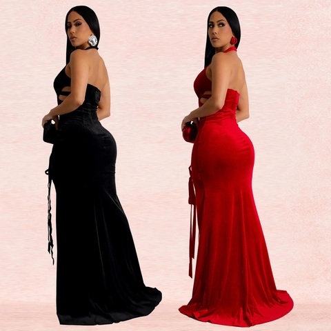 Robe Maxi Sexy pour Femmes Cou Halter Velours Col en V Ajouré Lacé Fente Haute Bodycon Robe de Soirée