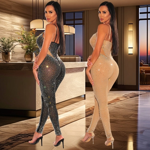 Damen Sexy Strass Spaghettiträger Jumpsuit Netz Spleiß V-Ausschnitt Eng Hohe Taille Bodycon Party Lange Hose