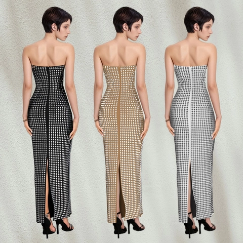 Elegant Trägerloses Figurbetontes Maxikleid Für Damen Strass Schlitz Abendparty Gown Schulterfrei Enges Wickel Langes Kleid