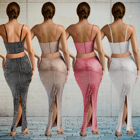 Conjunto De Dos Piezas Mujer Sexy Lentejuelas Pedrería Crop Top Y Falda Maxi Abertura Cintura Alta Elegante Fiesta Club