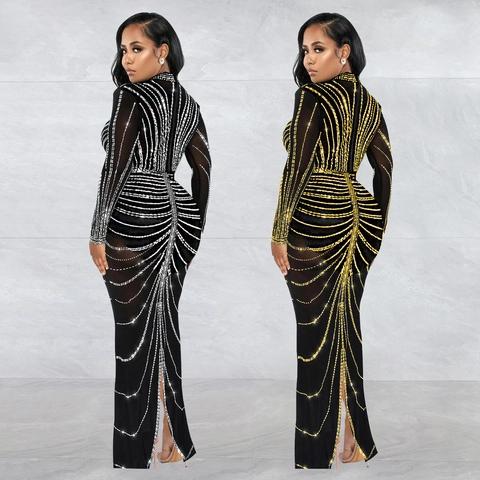 Women Sexy High Neck Long Sleeve Maxi Dress Rhinestone Geometric Pattern Slim Fit Floor Length Banquet Evening Party Dress