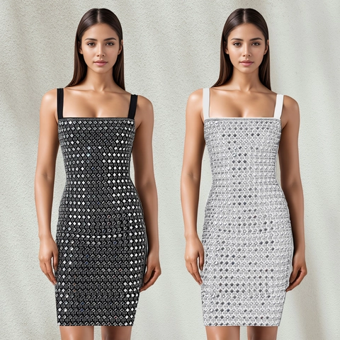 Women Sexy Rhinestone Bodycon Dress Spaghetti Strap Backless Party Night Club Mini Dress Slim Fit Sparkly Evening Gown