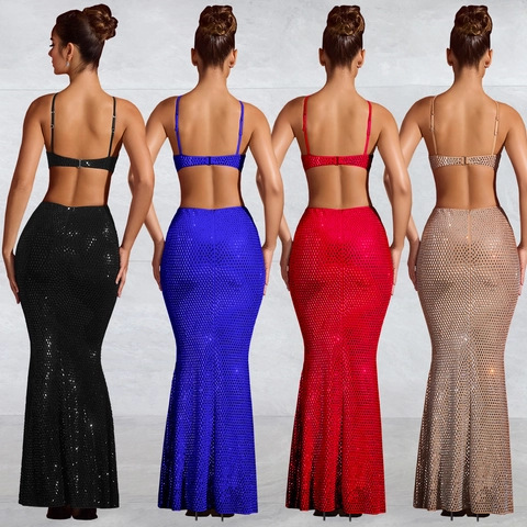 Abito Maxi Donna Sexy Halter con Intaglio Strass Bodycon Schiena Scoperta Sirena Abito Serale per Matrimonio Festa Club